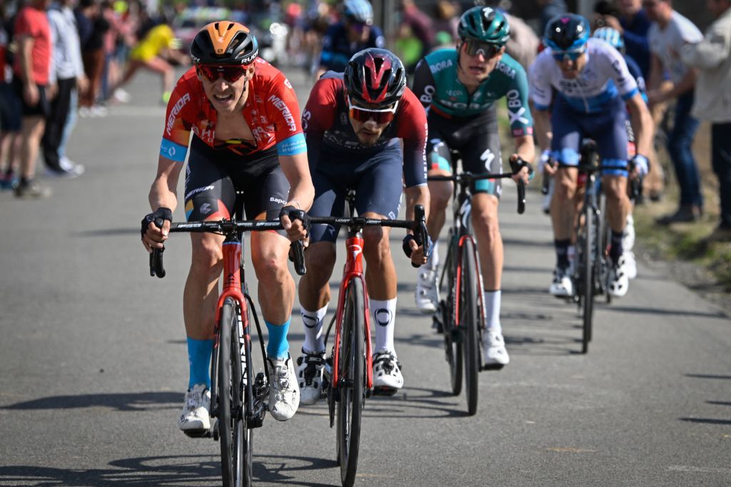 Dani Martinez chasing with Dylan Teuns and Aleksandr Vlasov in Liege-Bastogne-Liege