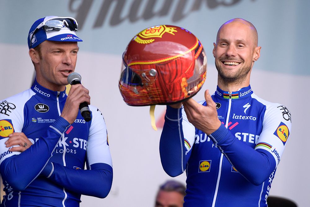 Tom Boonen shows off the "King Boonen" helmet, a gift from his Quick-Step teammates