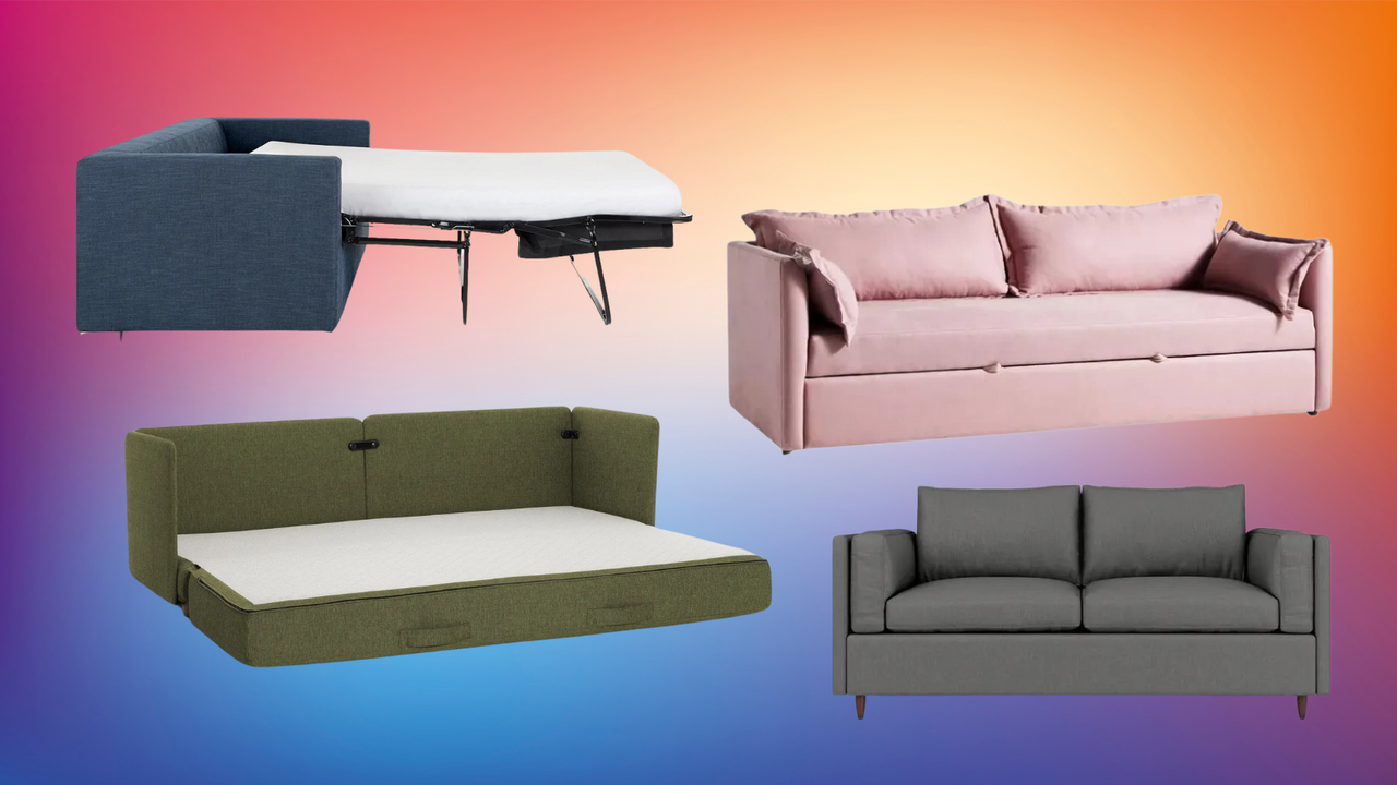 four sleeper sofas from various retailers on a colorful background