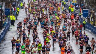 Thousands of runners make their way to the finish line during the 127th Boston Marathon in Boston, Massachusetts on April 17, 2023 ahead of 2024's 128th edition of the event