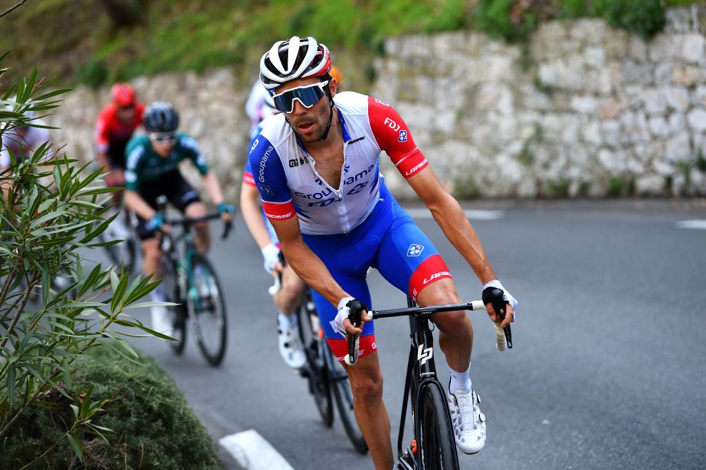 BLAUSASC FRANCE FEBRUARY 20 Thibaut Pinot of France and Team Groupama FDJ competes during the 54th Tour Des Alpes Maritimes Et Du Var Stage 3 a 1126km stage from Villefranche sur Mer to Blausasc on February 20 2022 in Blausasc France Photo by Dario BelingheriGetty Images