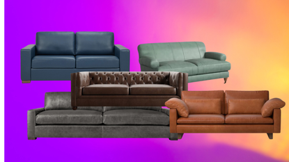 a collage of leather sofas on a colorful background