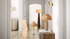 Crate & Barrel lighting collection with Brigette Romanek positioned in a white entryway