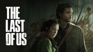 A promotional shot of Joel and Ellie from the Last of Us series with the logo on a dark background