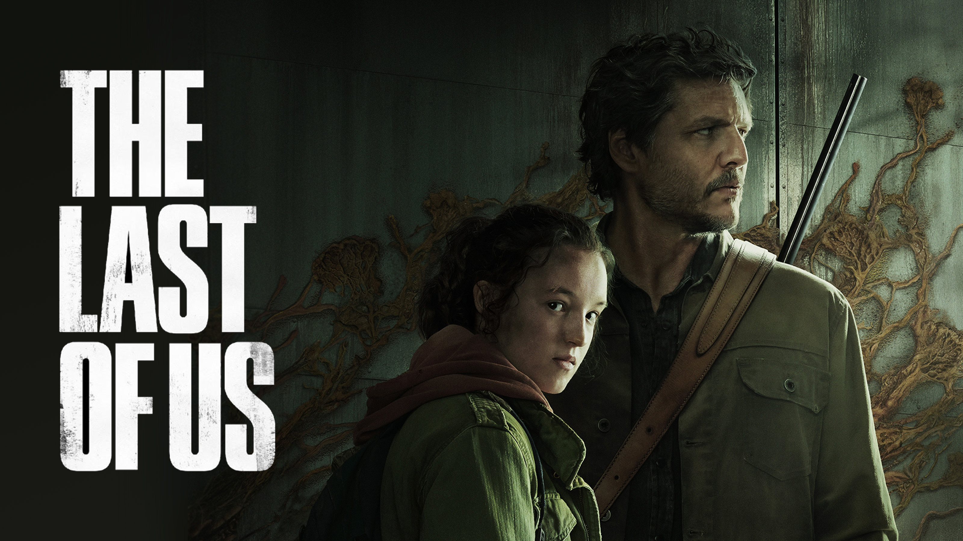 Una foto promocional de Joel y Ellie de la serie Last of Us con el logo sobre un fondo oscuro