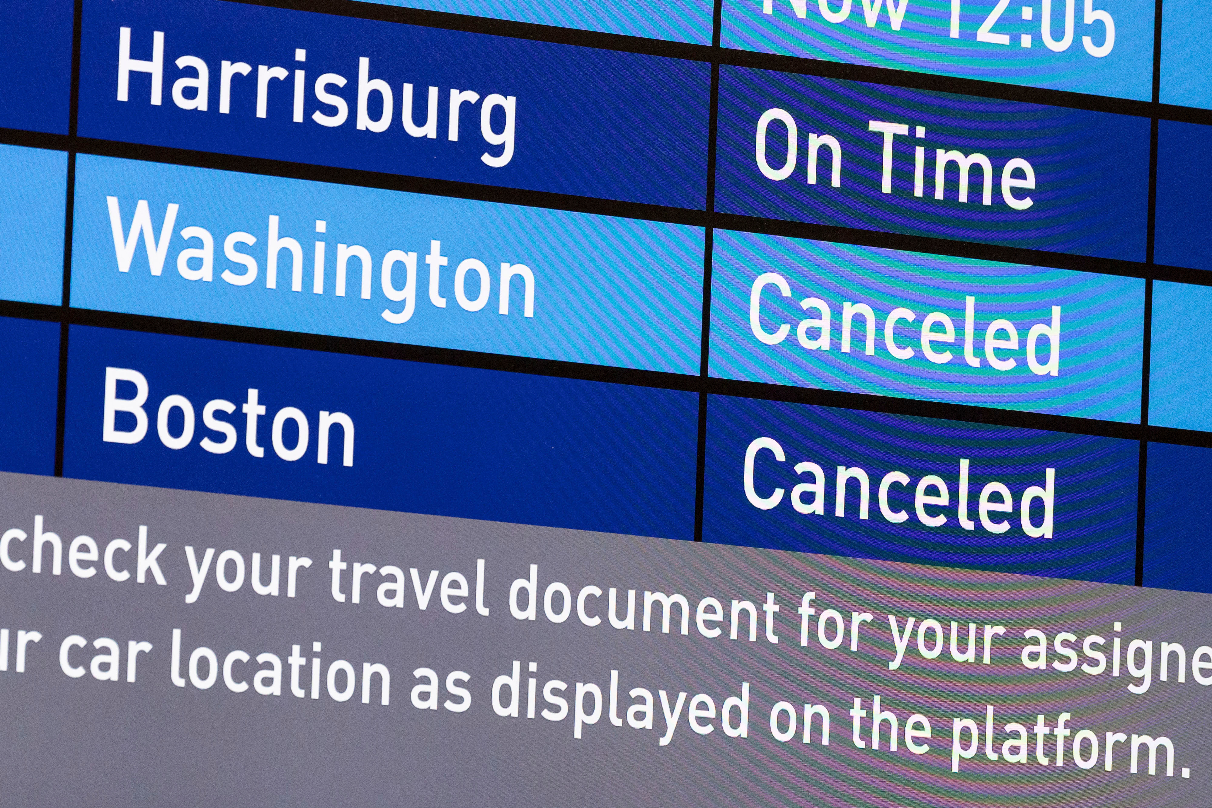 A screen showing canceled Amtrak trains