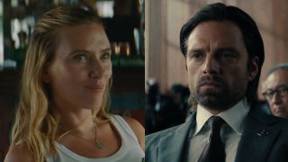 Side by side: Zora smiling in bar in Jurassic World: Rebirth, Bucky Barnes wearing suit in courtroom in Thunderbolts*