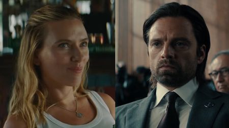 Side by side: Zora smiling in bar in Jurassic World: Rebirth, Bucky Barnes wearing suit in courtroom in Thunderbolts*