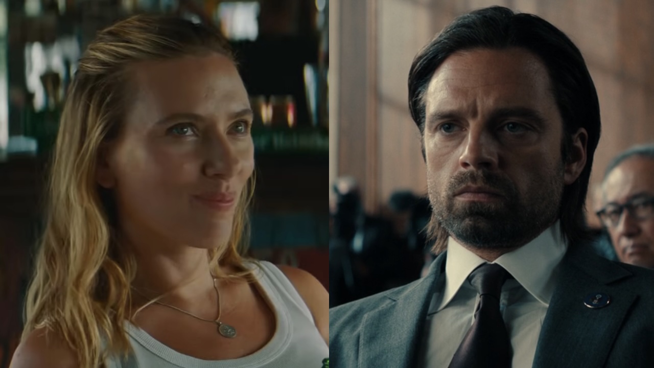 Side by side: Zora smiling in bar in Jurassic World: Rebirth, Bucky Barnes wearing suit in courtroom in Thunderbolts*