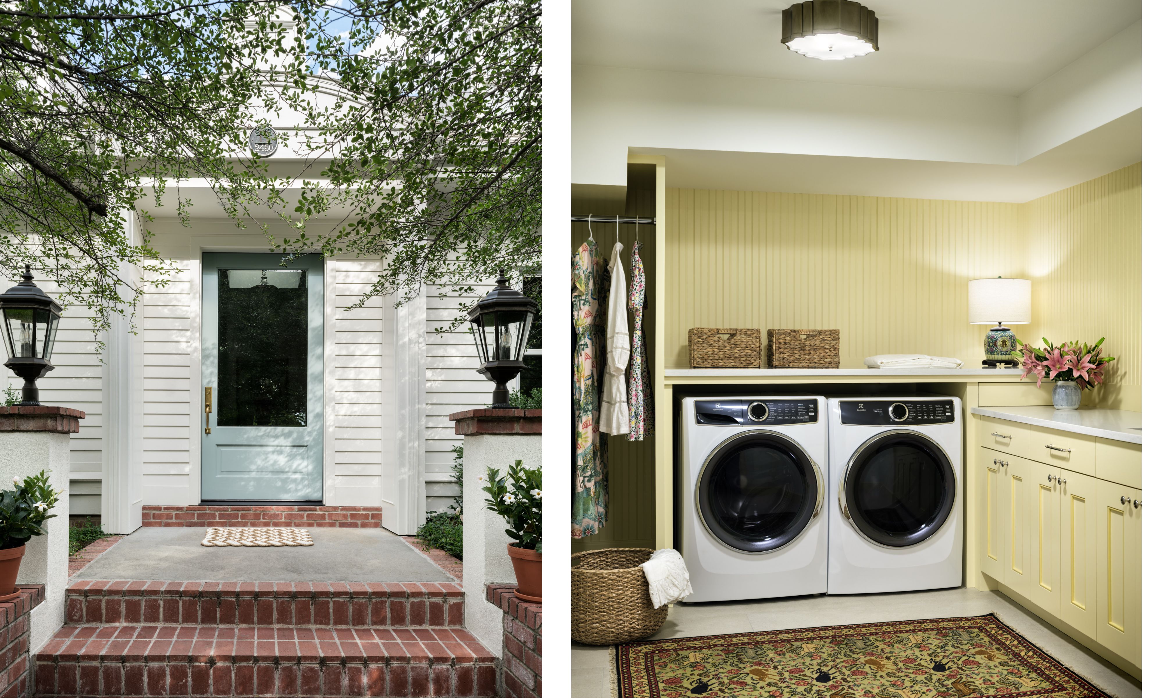two side by side images of an exterior front door wiht brick steps and a joyful yellow laundry room