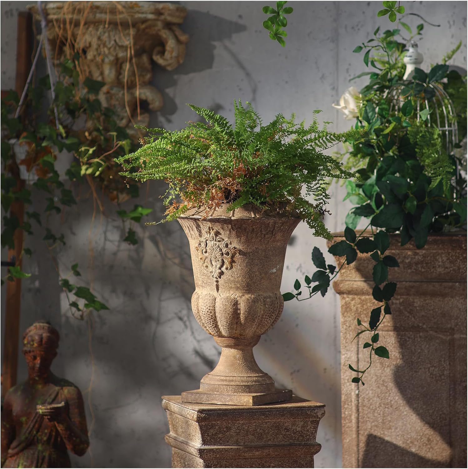 Hencoense 16inch Tall Vintage Garden Iron Urn Planters for Indoor and Outdoor Plants, European Retro Style Classic Metal Imitation Stone Flower Pots Rustic Front Porch Home Decor Patio Deck Balcony