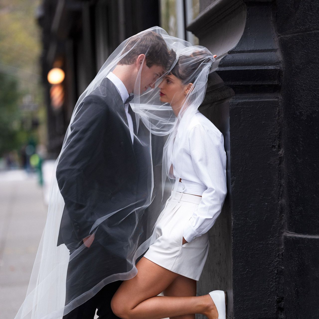 White, Fashion, Snapshot, Leg, Interaction, Street fashion, Photography, Gesture, Veil, Romance, 