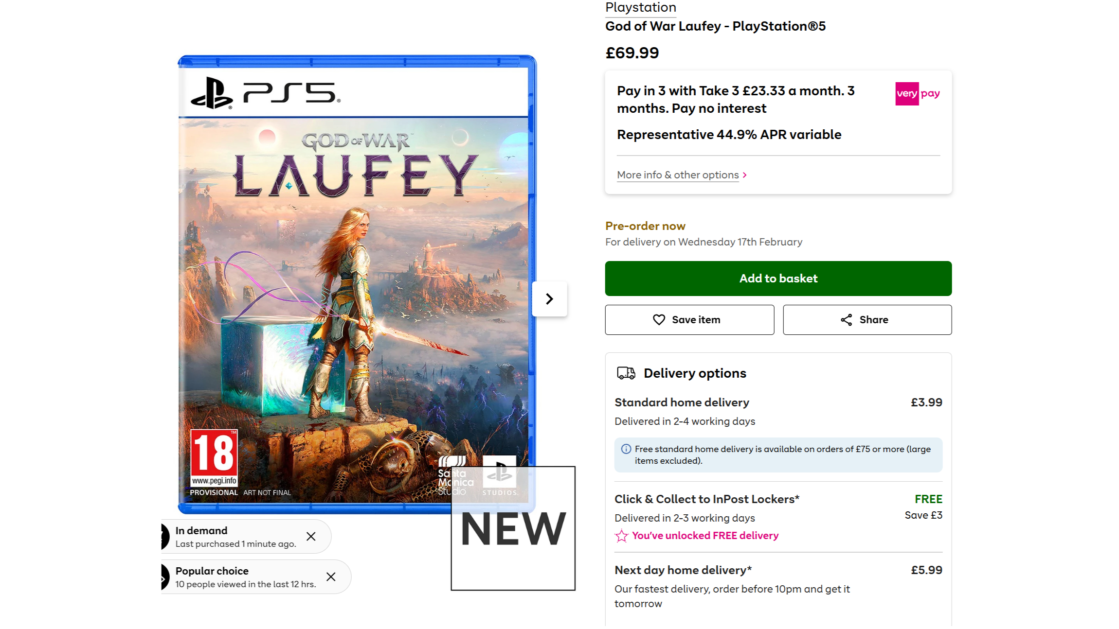 A screenshot from Very showing the pre-order listings for God of War Laufey