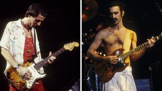 Left-Adrian Belew performs with 'David Bowie' at the Fresno Convention Center in Fresno, California on April 2, 1978; Right-Frank Zappa performs at Memorial Auditorium in Sacramento, California on November 18, 1977