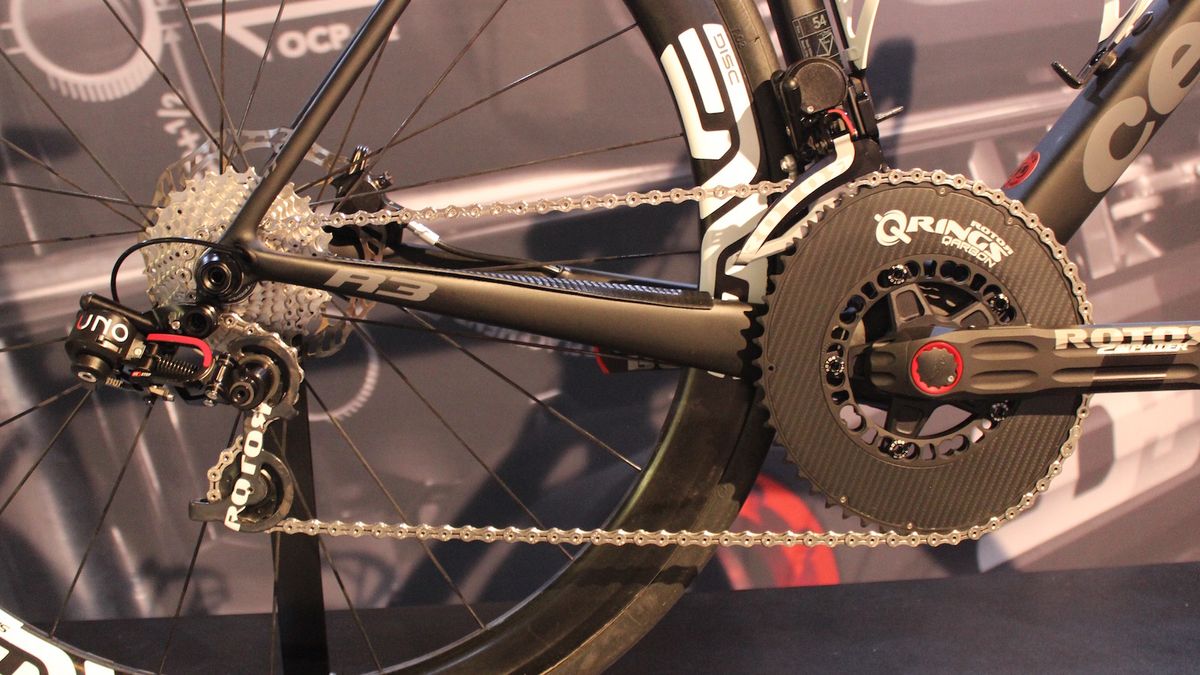 The Cervelo is equipped with Rotor's UNO groupset