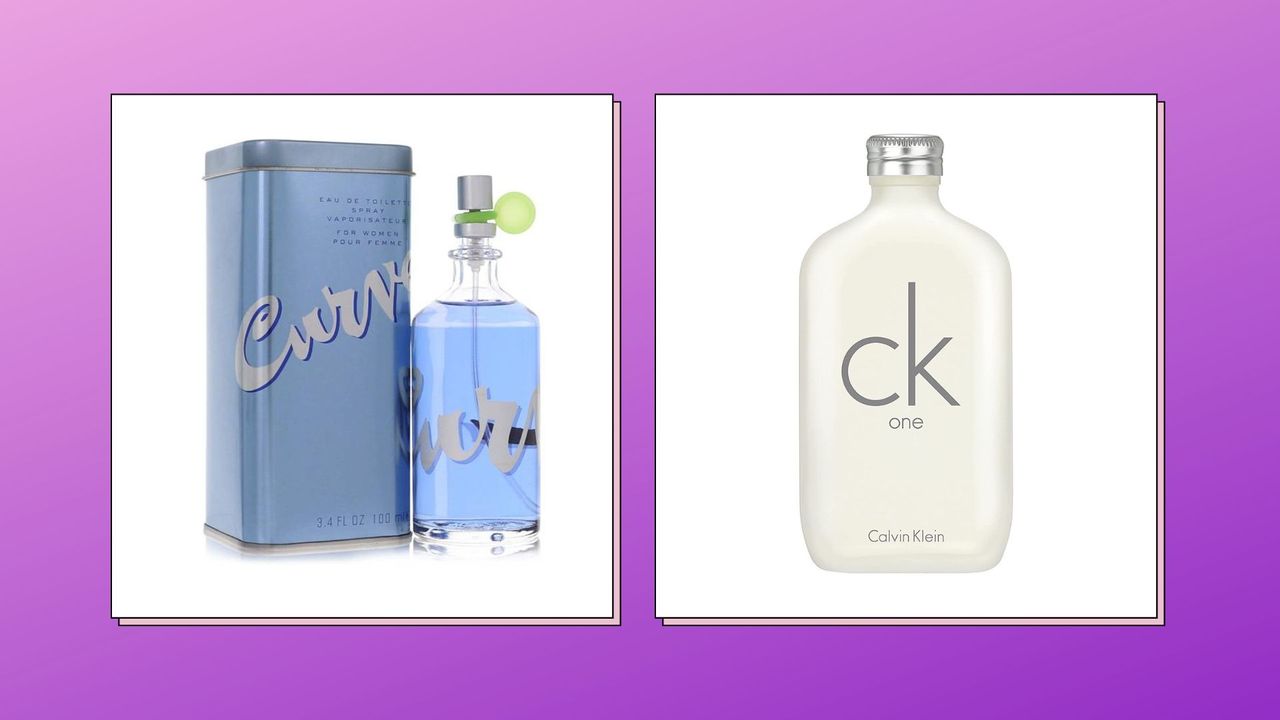 two of the best perfumes from the 90s, Calvin Klein&#039;s CK One and Liz Claiborne Curve, on white squares against a purple background