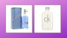 two of the best perfumes from the 90s, Calvin Klein's CK One and Liz Claiborne Curve, on white squares against a purple background