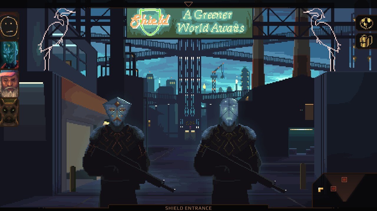 Écran de jeu Norco montrant deux robots défendant une raffinerie