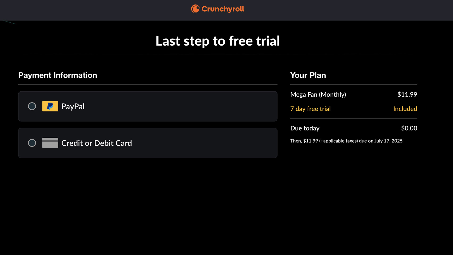 A screenshot of the sign up page on Crunchyroll's website