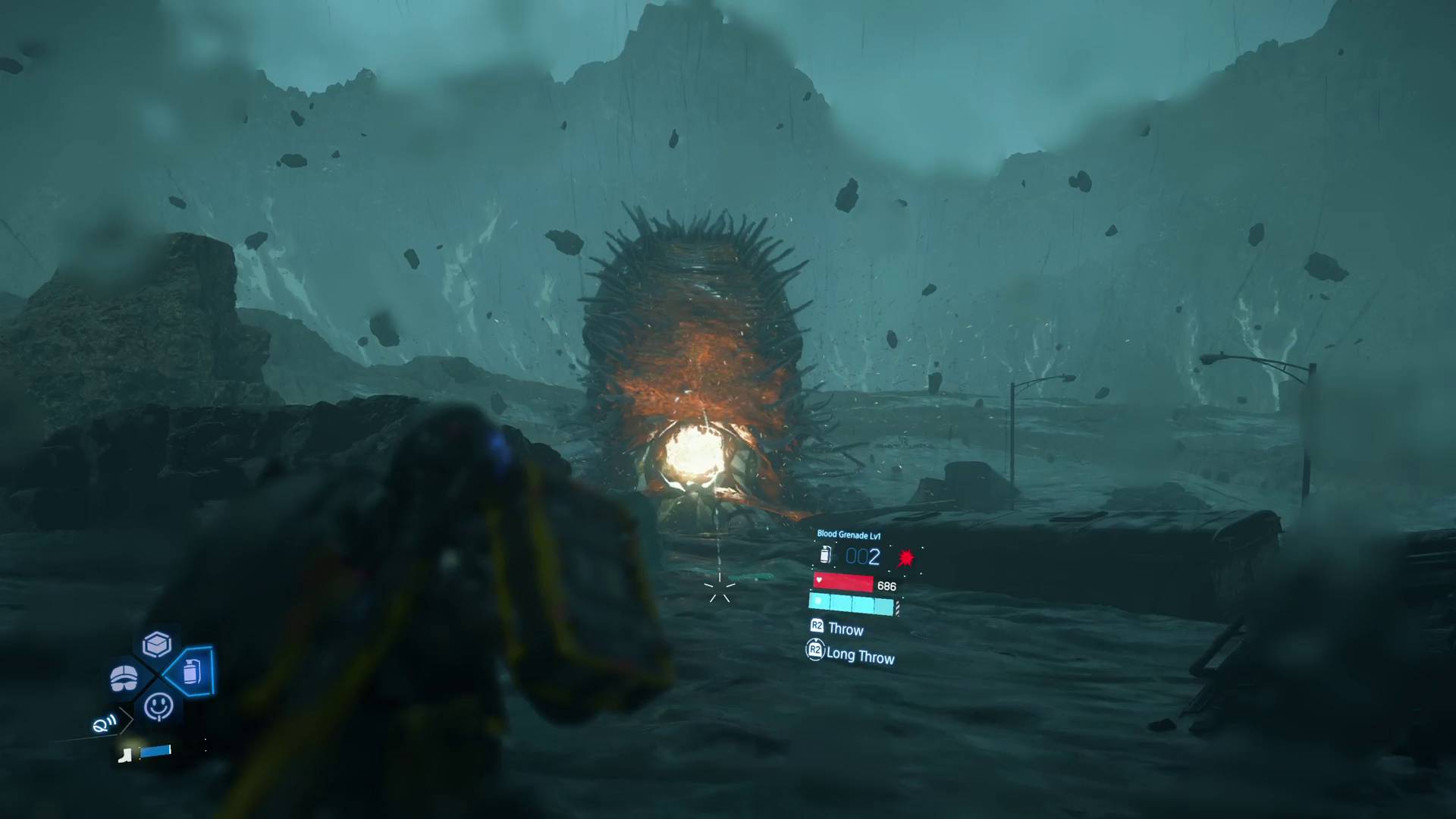 Death Stranding 2 Sam aiming at the glowing yellow mouth of the BT boss