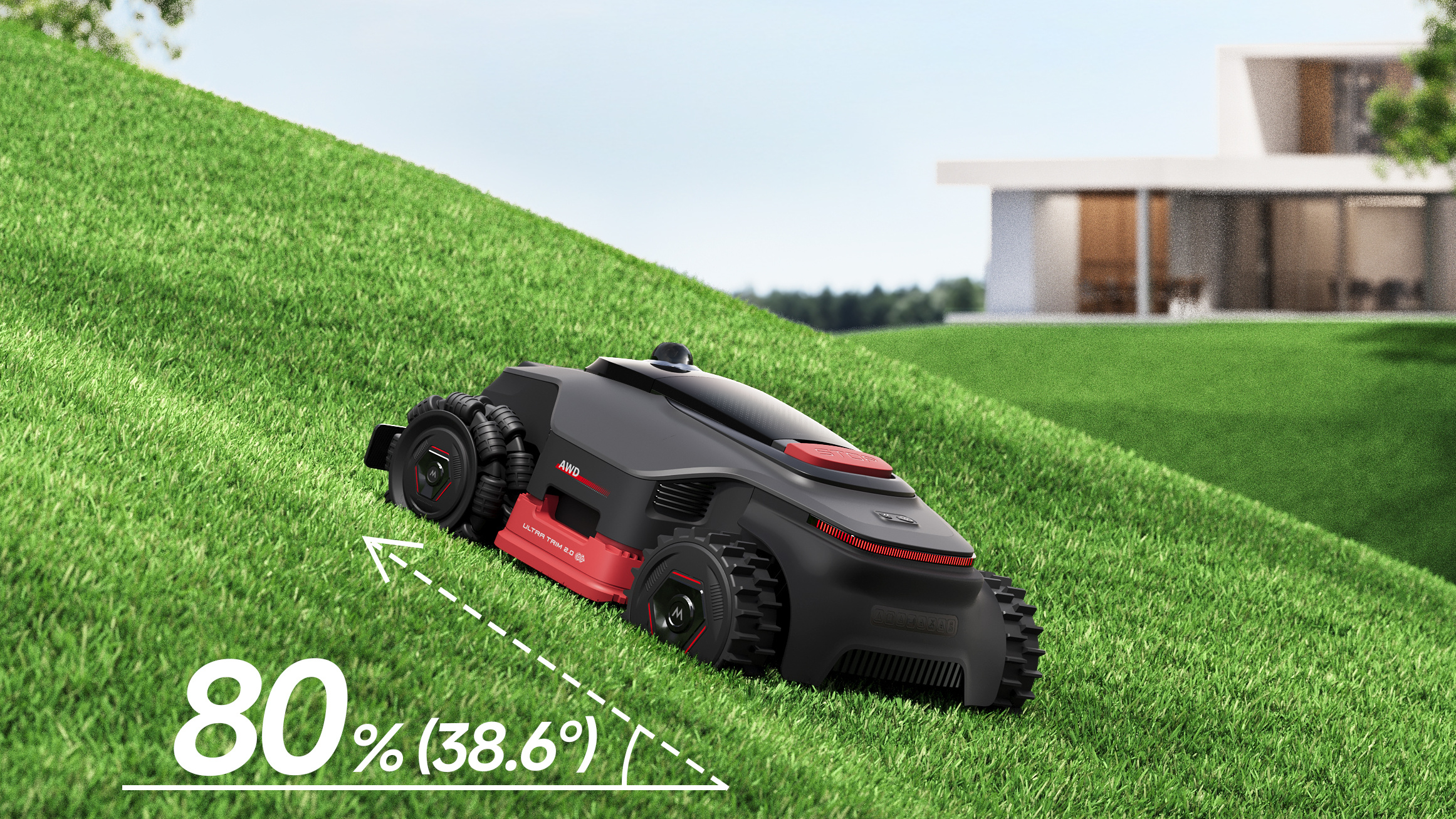 MOVA LiDAX ULTRA 3000 AWD climbing a steep grade in a yard