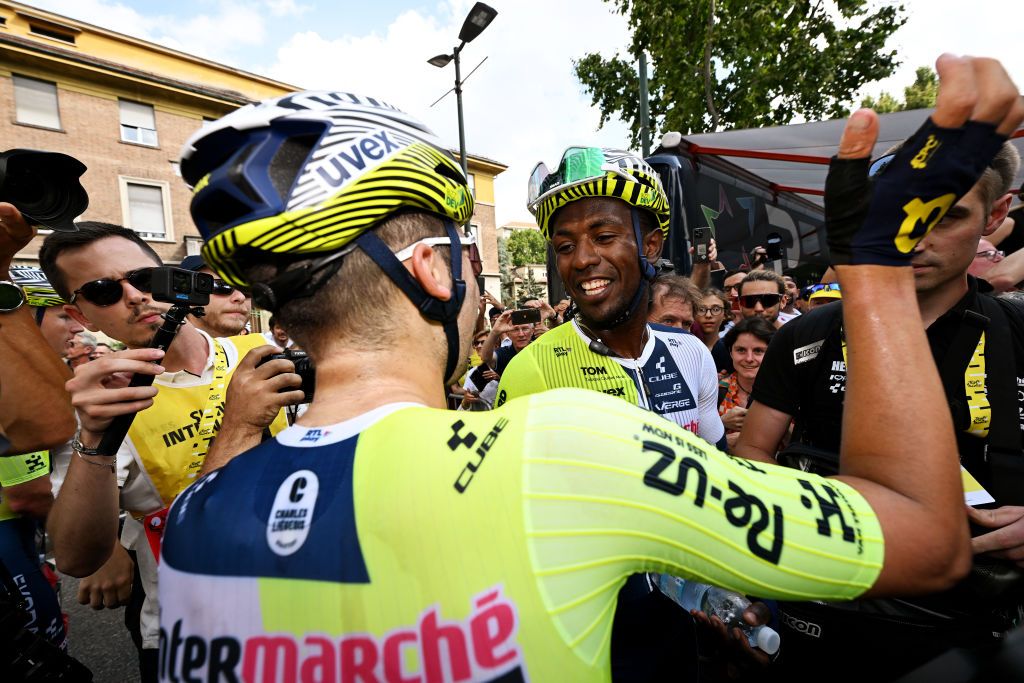 TORINO ITALY JULY 01 Stage winner Biniam Girmay of Eritrea and Team Intermarche Wanty R celebrates the victory with his teammate Gerben Thijssen of Belgium after the 111th Tour de France 2024 Stage 3 a 2308km stage from Piacenza to Torino UCIWT on July 01 2024 in Torino Italy Photo by Tim de WaeleGetty Images