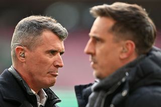 Roy Keane and Gary Neville working on television for the Carabao Cup final between Manchester United and Newcastle in February 2023.