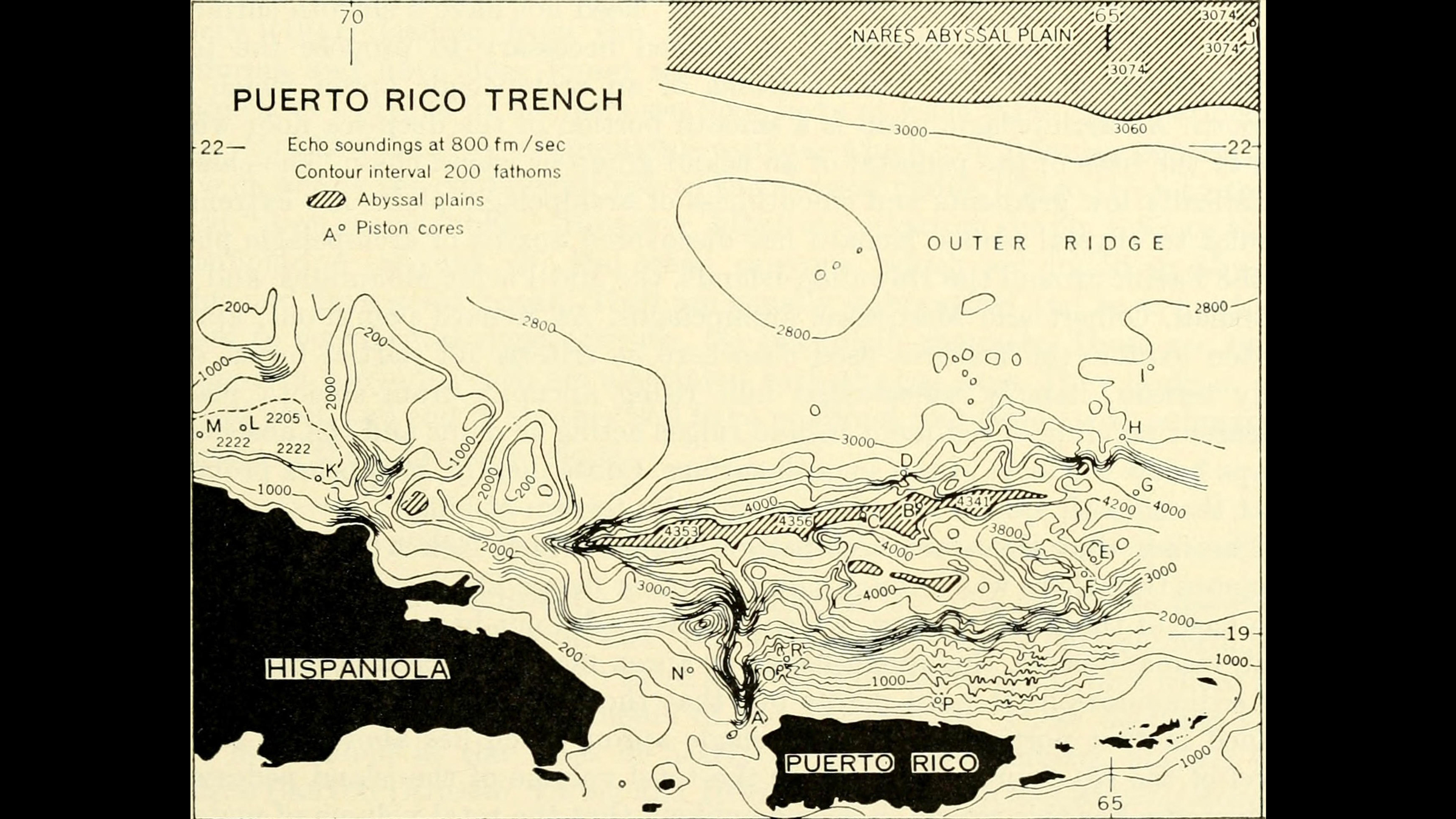 A map showing the topography of the Puerto Rico Trench.