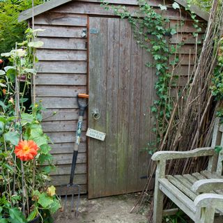 garden shed with wooden door wooden seat and plants
