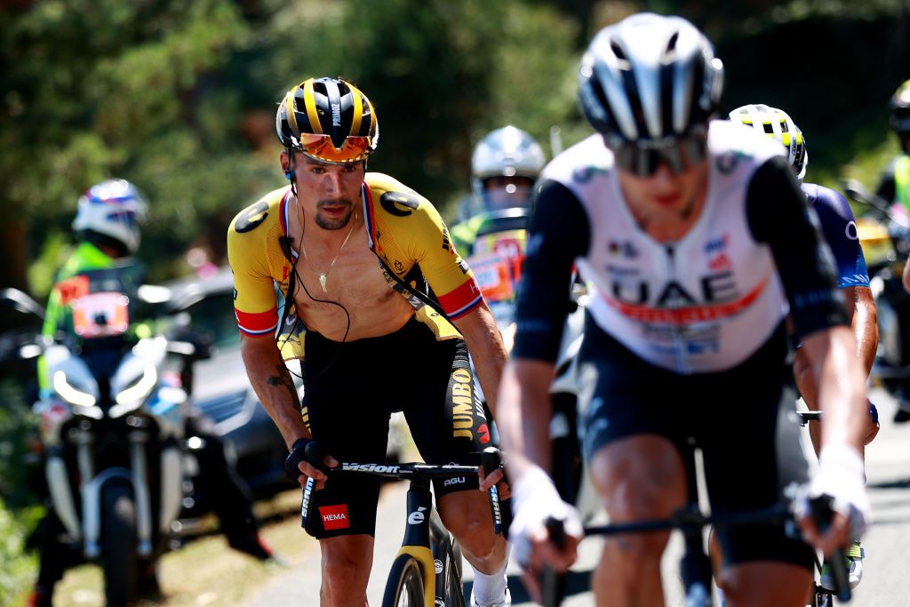 VILLARCAYO SPAIN AUGUST 17 Primo Roglic of Slovenia and Team JumboVisma competes in the breakaway climbing to the Picn Blanco 1498m during the 45th Vuelta a Burgos 2023 Stage 3 a 183km stage from Sargentes de la Lora to Villarcayo on August 17 2023 in Villarcayo Spain Photo by Gonzalo Arroyo MorenoGetty Images