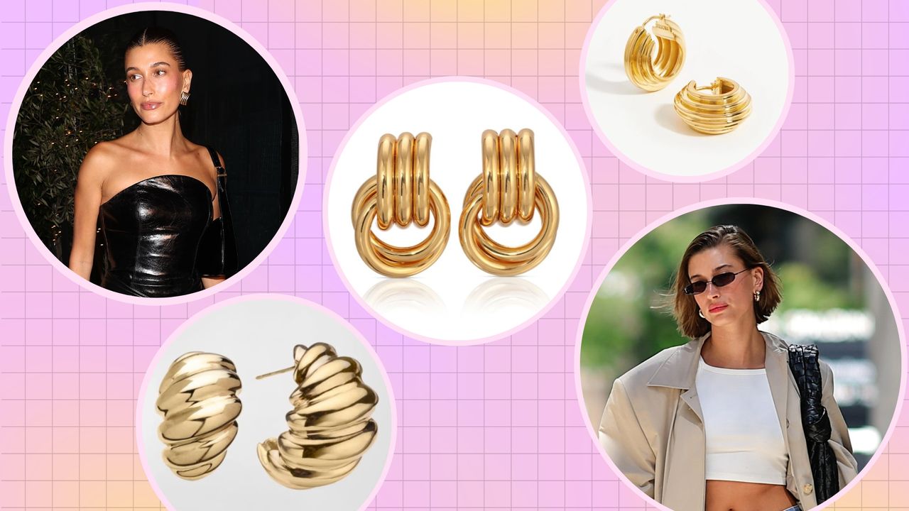 Hailey Bieber&#039;s earrings: Hailey pictured in wearing gold earrings, alongside product images of earrings from JENNIFER ZEUNER, Missoma, Heaven Mayhem/ in a pink and yellow template