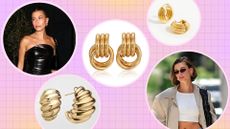 Hailey Bieber's earrings: Hailey pictured in wearing gold earrings, alongside product images of earrings from JENNIFER ZEUNER, Missoma, Heaven Mayhem/ in a pink and yellow template