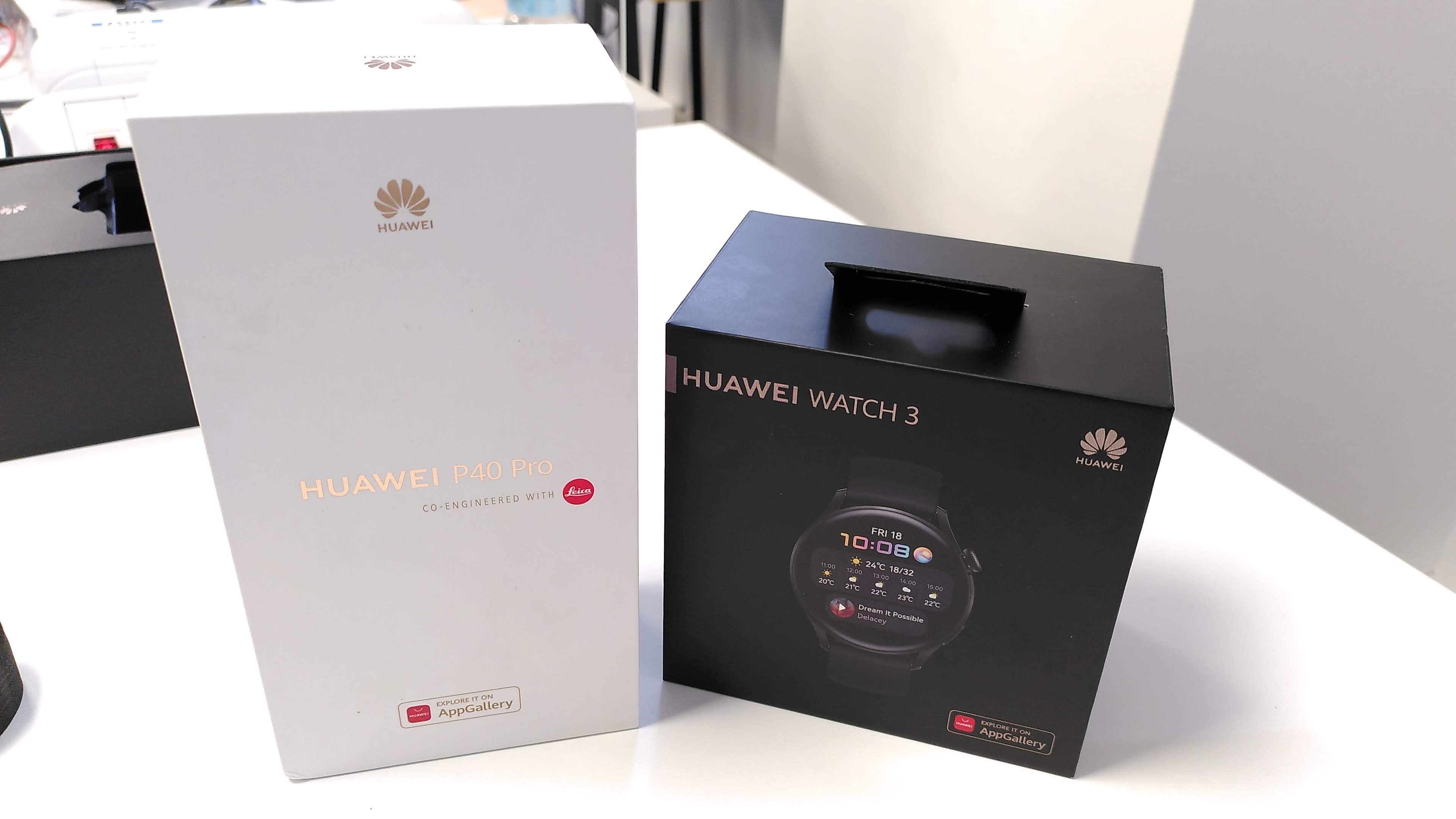 Huawei Watch 3 and P40 Pro boxes