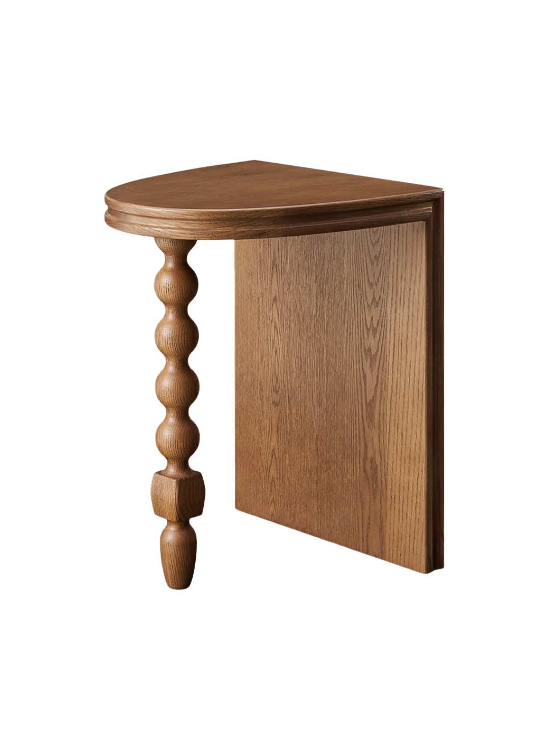 a wood side table with a spindle leg and a flat opposing side