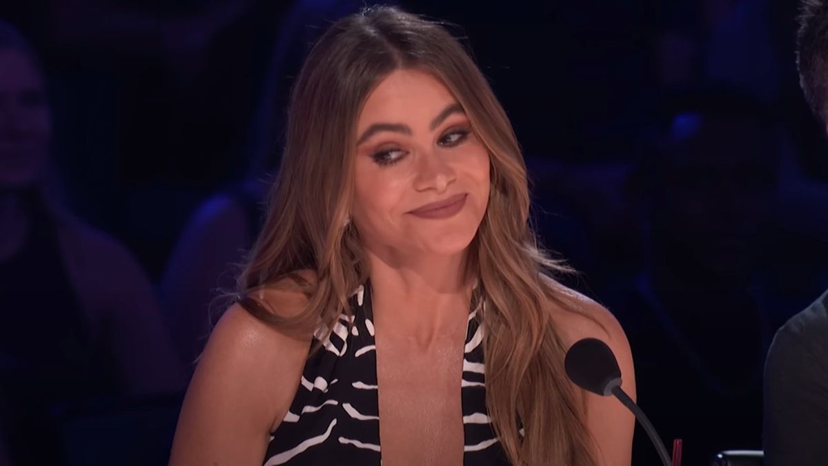 A screenshot of Sofia Vergara jokingly looking a little sly on America&#039;s Got Talent.