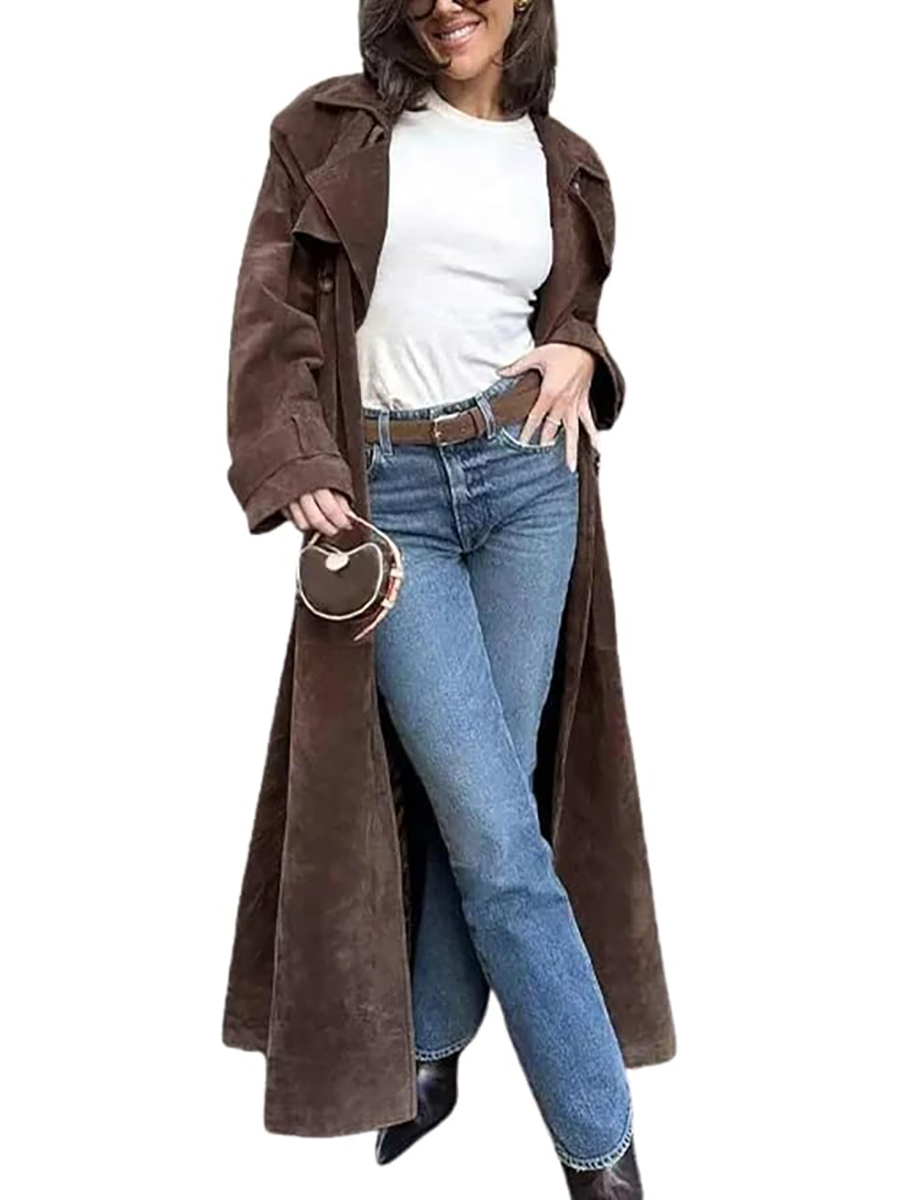 utcoco, Utcoco Womens Faux Suede Long Trench Coat Notched Lapel Double Breasted Pea Coat Overcoat With Belt (x-Large, Brown)