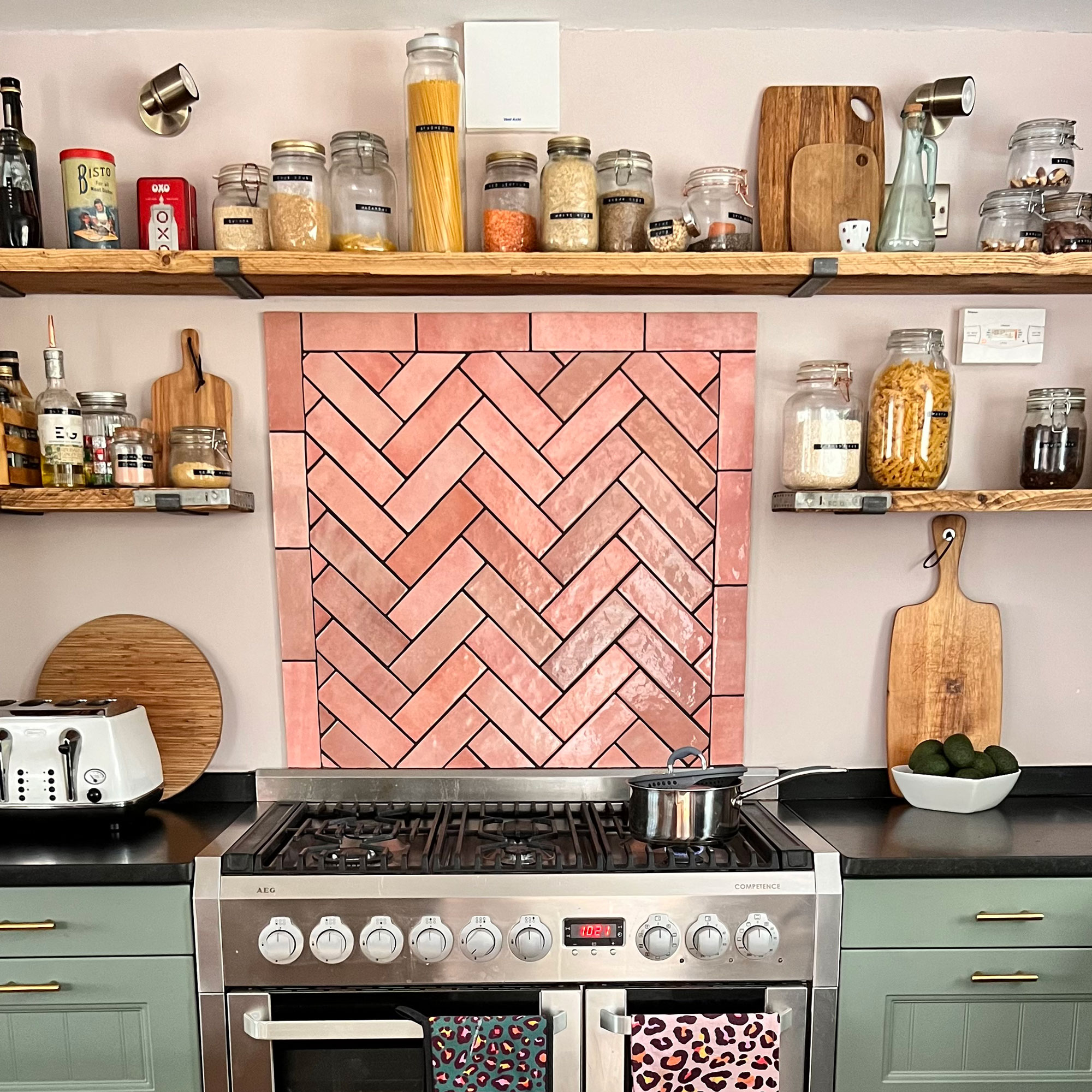 pink and green kitchen after budget makeover