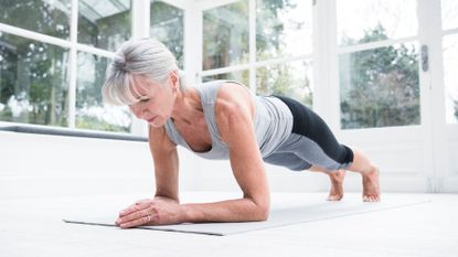 A woman performing a plank as part of an ab workout 