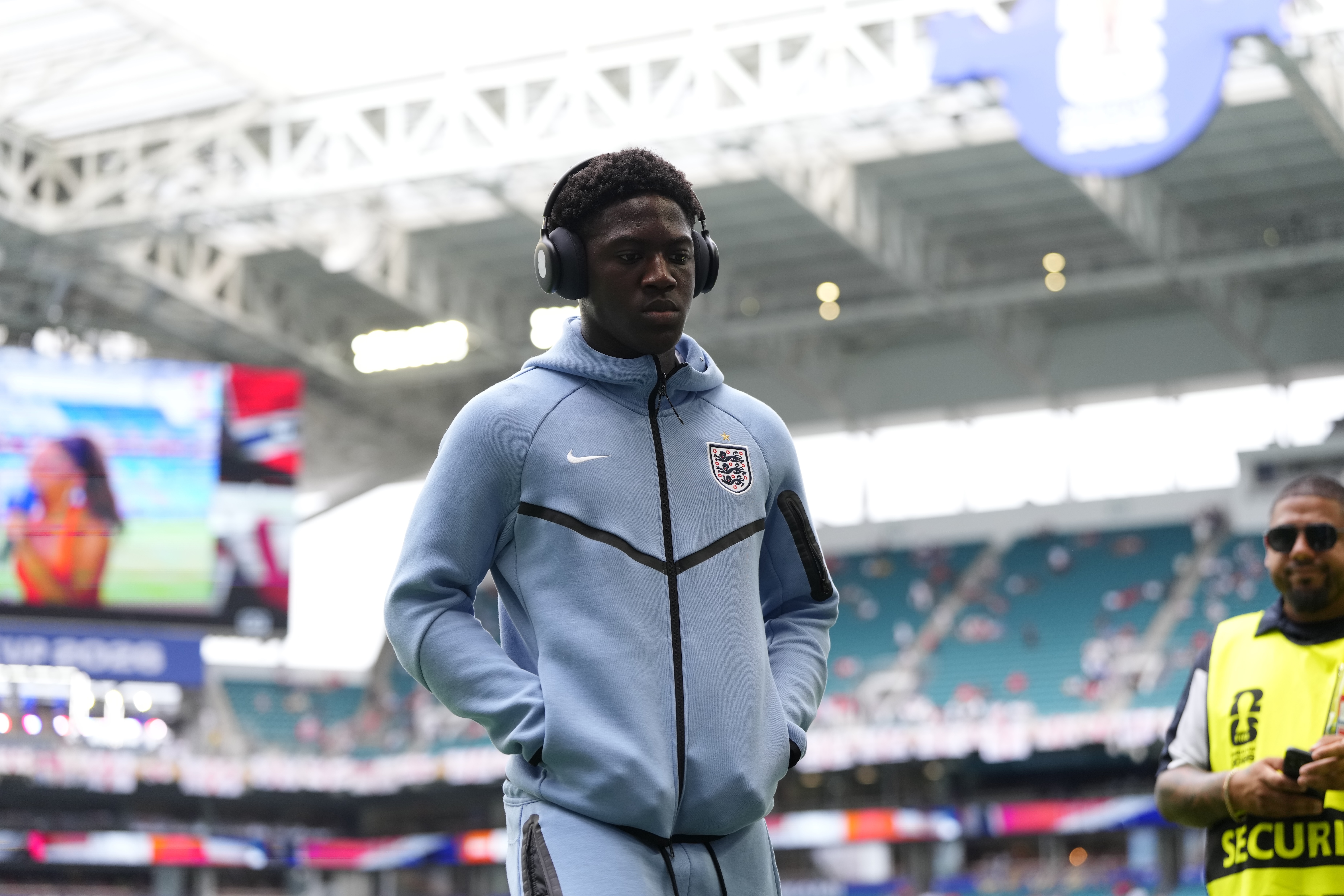 MIAMI GARDENS, FLORIDA - JULY 11: Kobbie Mainoo of England looks on ahead of the 2026 FIFA World Cup quarter-final match between Norway and England at Miami Stadium in Miami Gardens, Florida, United States, on July 11, 2026. (Photo by Jose Hernandez/Anadolu via Getty Images)