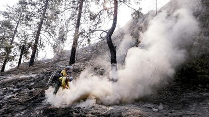 A firefighter battles a blaze in Washington state.