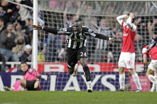 Newcastle's Cheik Tiote celebrates his equaliser against Arsenal in February 2011, when the Magpies came back from 4-0 down to seal a 4-4 draw at St. James' Park.