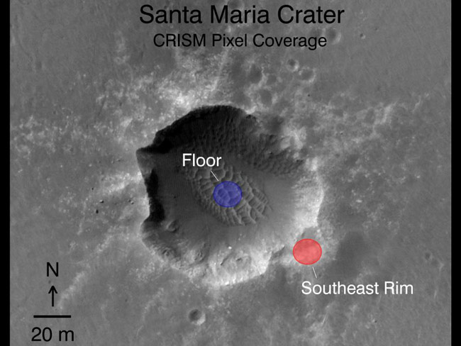 Santa Maria crater, about 295 feet (95 meters) wide, dominates the scene in this 360-degree view from NASA&#039;s Mars rover Opportunity, taken on Dec. 16, 2010. Opportunity will likely stay at Santa Maria until early February 2011, then resume its trek toward