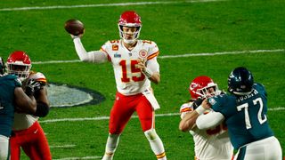 Patrick Mahomes #15 of the Kansas City Chiefs throws the ball against the Philadelphia Eagles during the fourth quarter in Super Bowl LVII at State Farm Stadium on February 12, 2023 in Glendale, Arizona. (Photo by Kevin Sabitus/Getty Images)