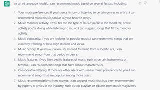 The ChatGPT response to "How do you recommend music"