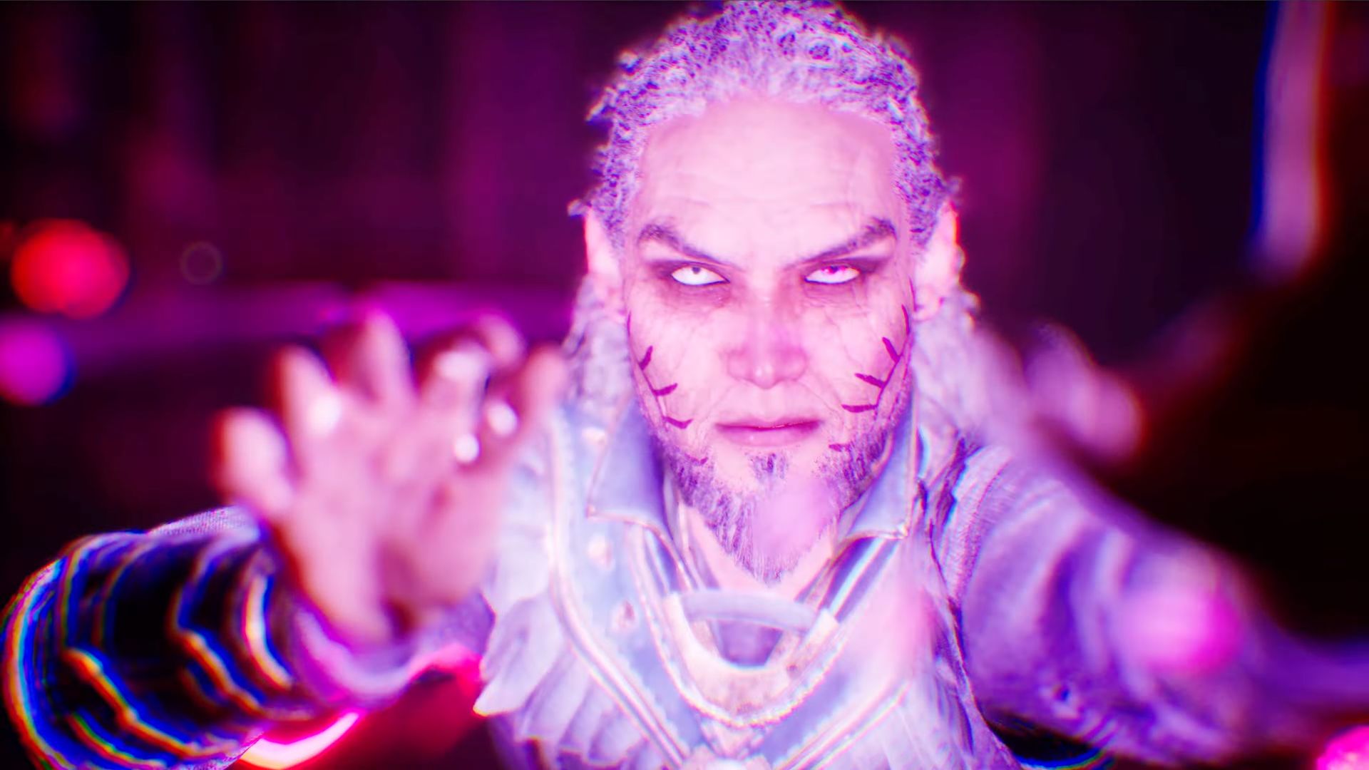 A warlock with facial tattoos casts a spell