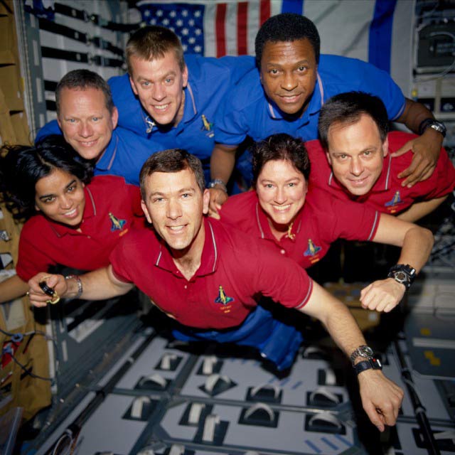 This image of the STS-107 shuttle Columbia crew in orbit was recovered from wreckage inside an undeveloped film canister. From left (bottom row): Kalpana Chawla, Rick Husband, Laurel Clark and Ilan Ramon. From left (top row): David Brown, William McCool and Michael Anderson.