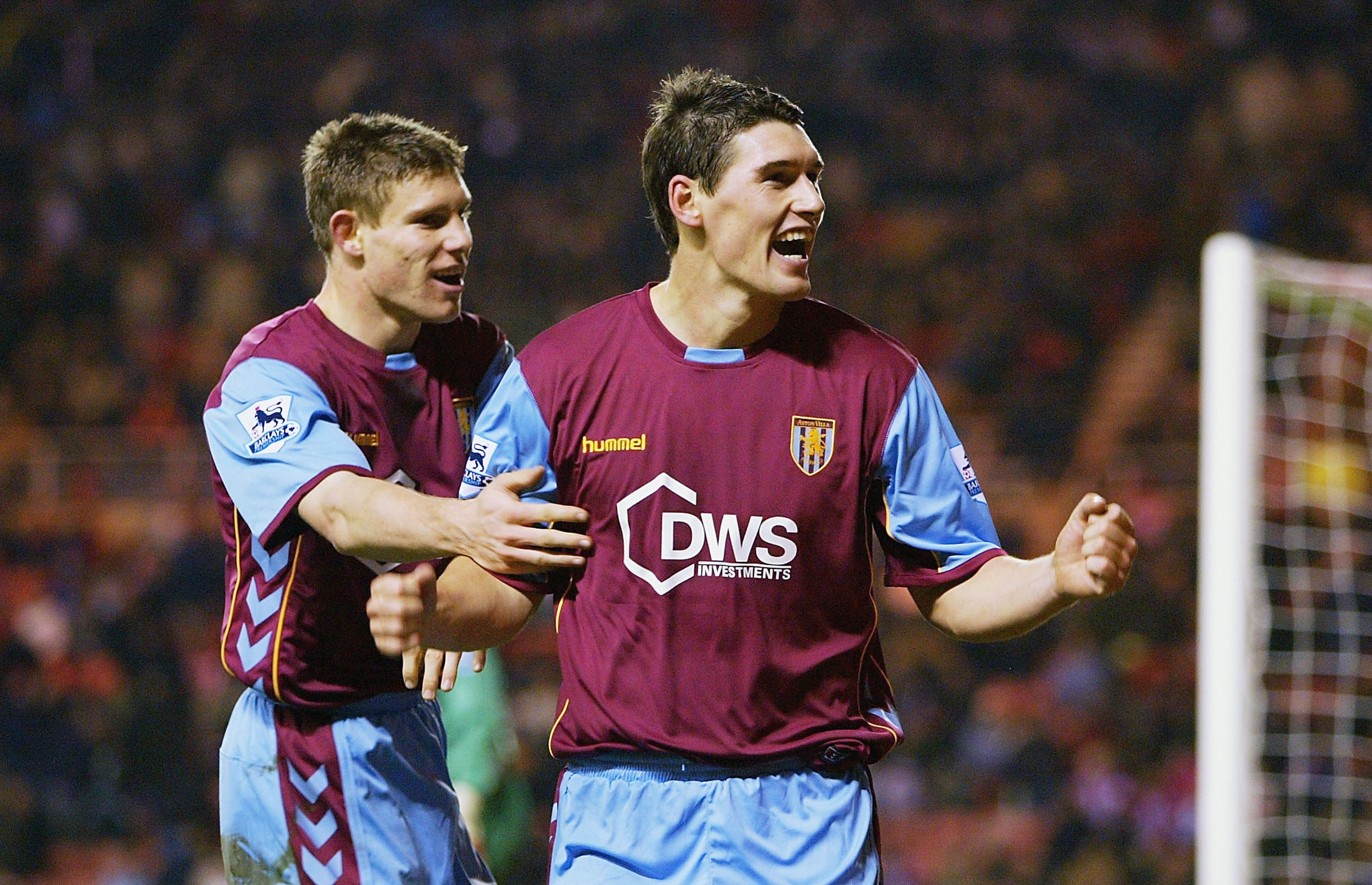 Gareth Barry celebrates a goal for Aston Villa against Sunderland with James Milner in November 2005.