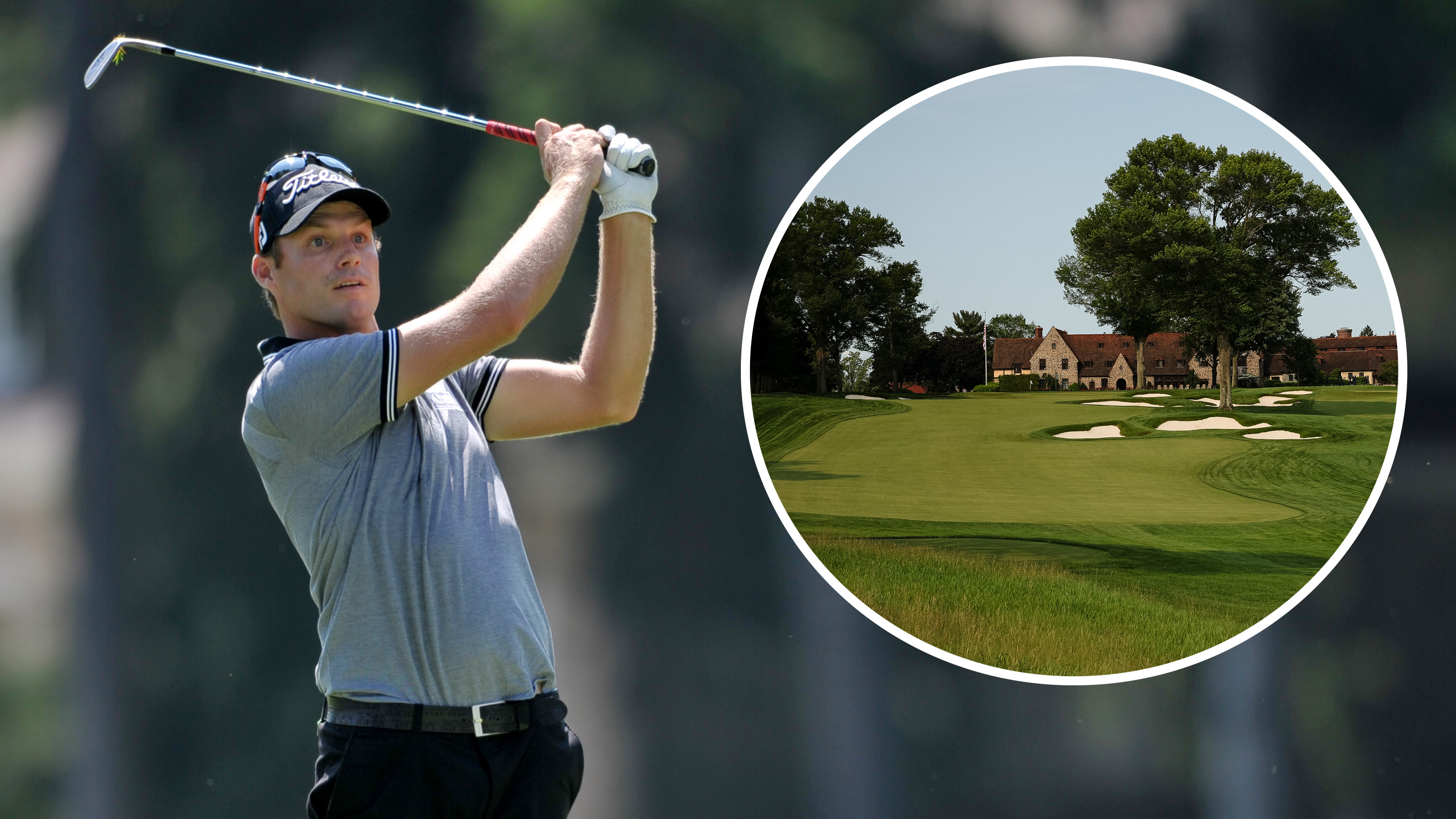 Nick Watney holds his finish on an iron shot and an inset of Aronimink Golf Club 18th hole