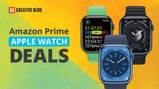Three Apple Watches, of unknown model, huddle suspiciously together next the text, 'Amazon Prime Apple Watch Deals.'