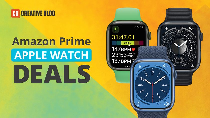 Three Apple Watches, of unknown model, huddle suspiciously together next the text, &#039;Amazon Prime Apple Watch Deals.&#039;